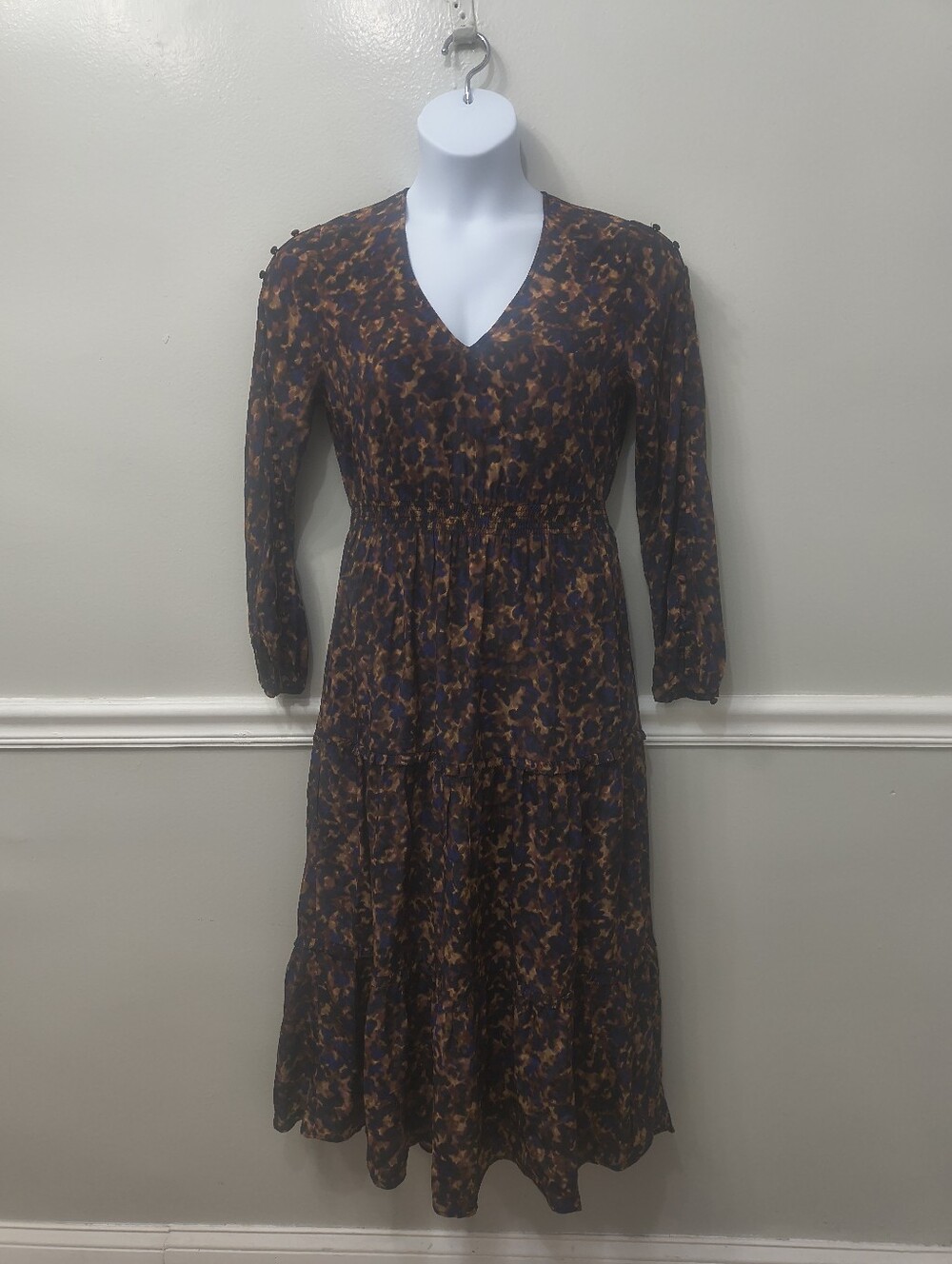 ECRU Silk Blend Maxi/Midi Dress Floral Brown Blue M Office Busine Casual Preppy